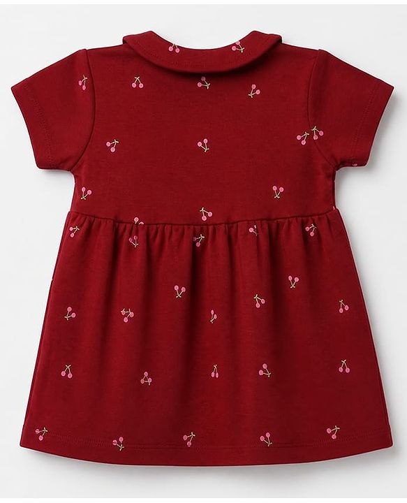 Babyhug Interlock Knit Cotton Half Sleeves Frocks with Bloomer & Cherry Print - Maroon