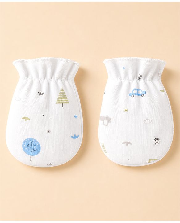 Babyhug 100% Cotton Car Printed Mittens & Booties - White