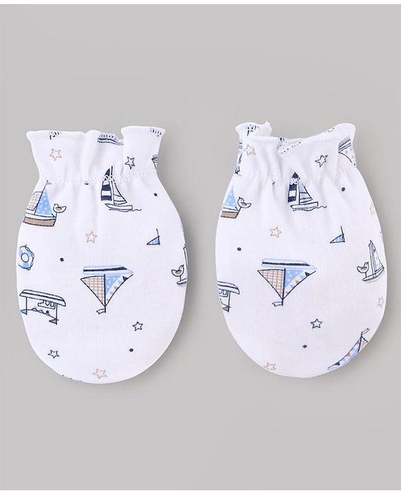 Babyhug 100% Cotton Knit Nautical Theme Printed Mittens & Booties Set - White