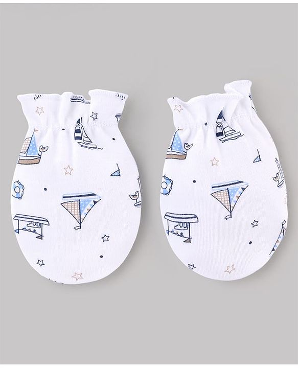 Babyhug 100% Cotton Knit Nautical Theme Printed Mittens & Booties Set - White