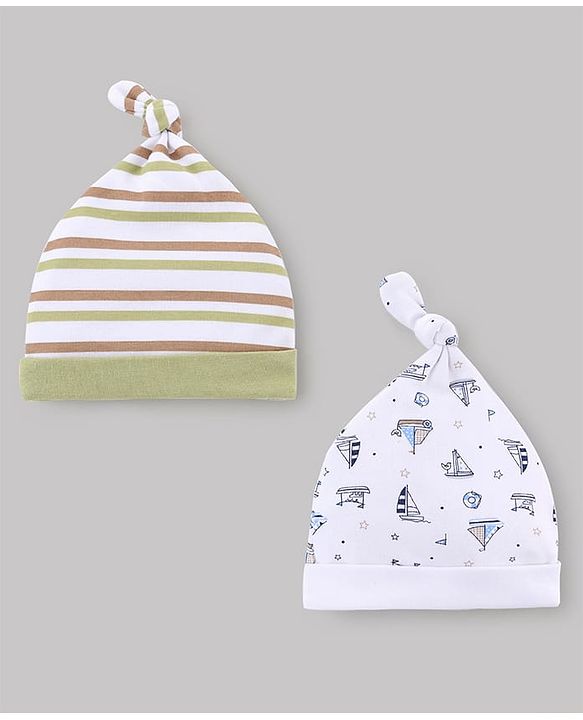 Babyhug 100% Cotton Knit Striped & Nautical Theme Printed Caps Pack Of 2 Olive Green & White - Diameter 10 cm