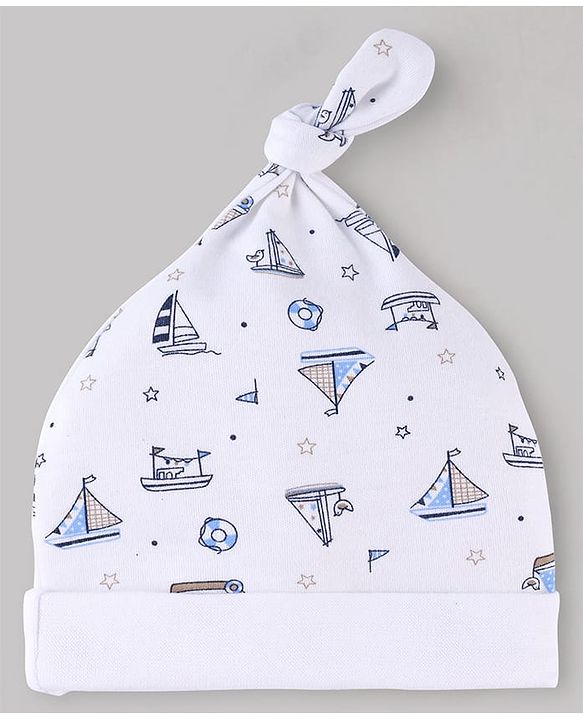 Babyhug 100% Cotton Knit Striped & Nautical Theme Printed Caps Pack Of 2 Olive Green & White - Diameter 10 cm