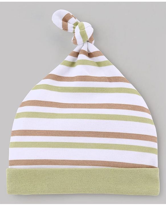 Babyhug 100% Cotton Knit Striped & Nautical Theme Printed Caps Pack Of 2 Olive Green & White - Diameter 10 cm