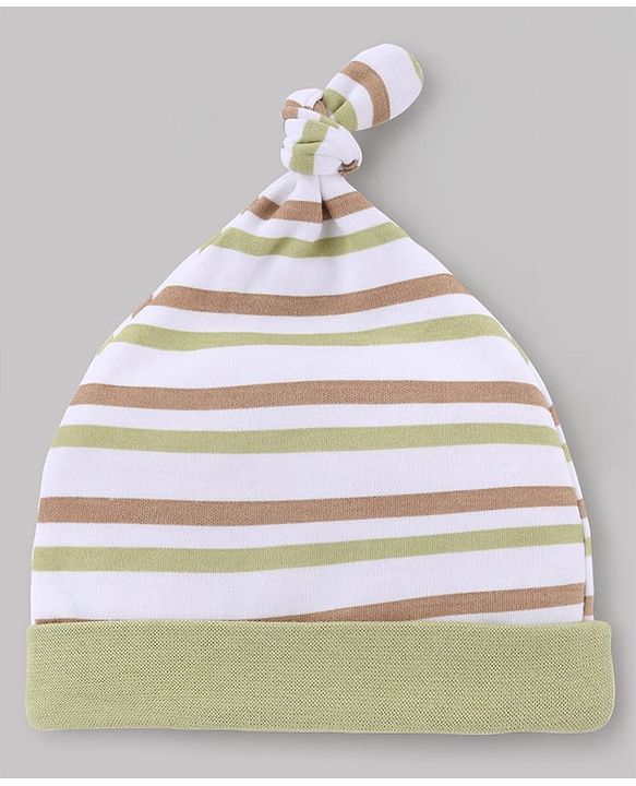 Babyhug 100% Cotton Knit Striped & Nautical Theme Printed Caps Pack Of 2 Olive Green & White - Diameter 10 cm