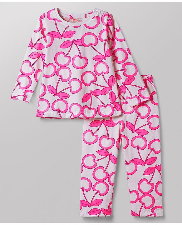 Babyhug 100% Cotton Knit Full Sleeves Cherry Printed Co-ords T-Shirt & Pyjama Night Suit - White