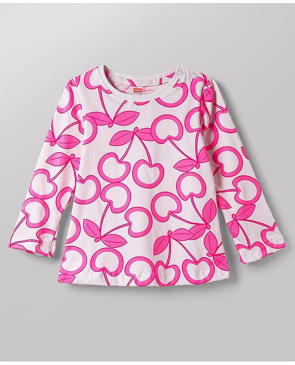 Babyhug 100% Cotton Knit Full Sleeves Cherry Printed Co-ords T-Shirt & Pyjama Night Suit - White