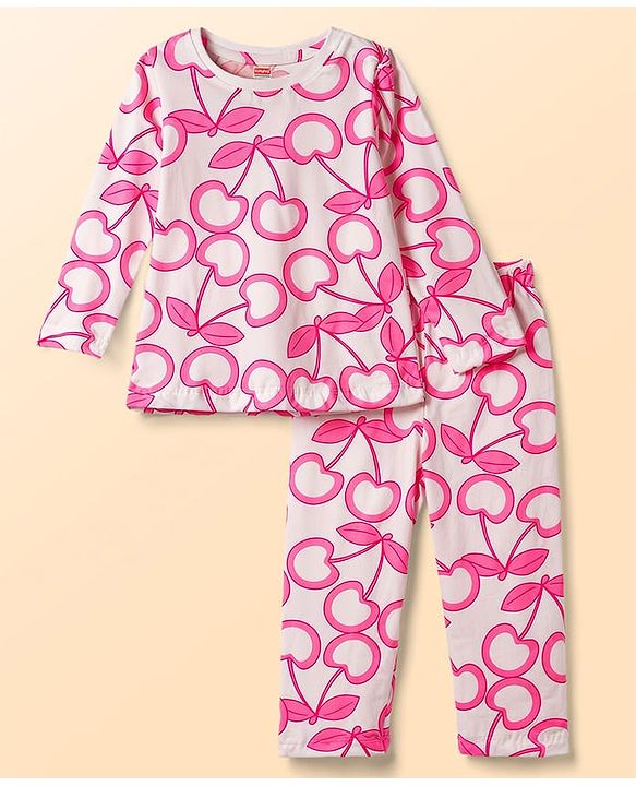 Babyhug 100% Cotton Knit Full Sleeves Cherry Printed Co-ords T-Shirt & Pyjama Night Suit - White