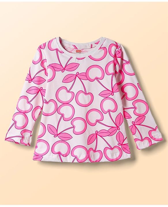 Babyhug 100% Cotton Knit Full Sleeves Cherry Printed Co-ords T-Shirt & Pyjama Night Suit - White