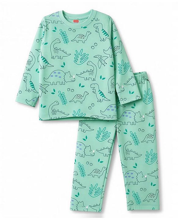Babyhug 100% Cotton Knit Full Sleeves Dino Printed Co-Ords T-Shirt & Pyjama Night Suit - Green