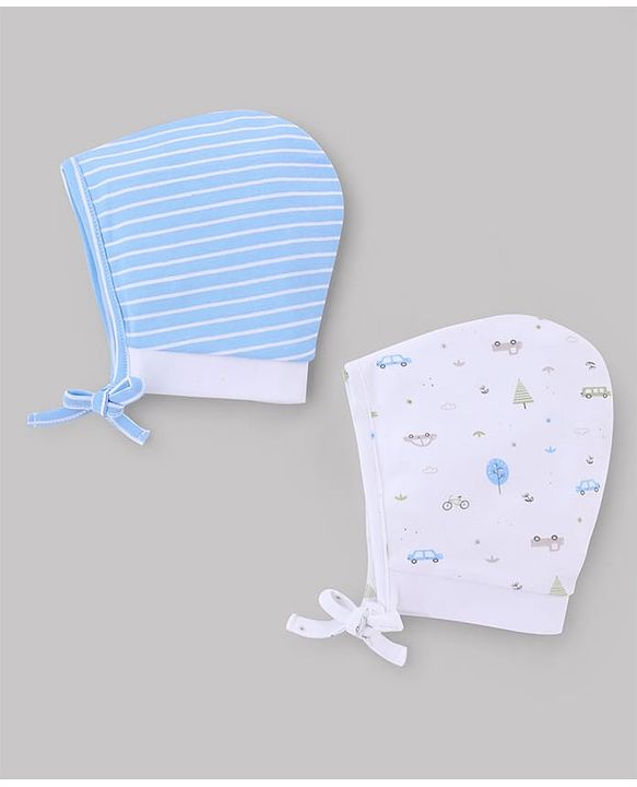 Babyhug 100% Cotton Interlock Knit Stripped Cap with Vehicle Print Sky Blue & White Pack of 2 - Diameter 10 cm