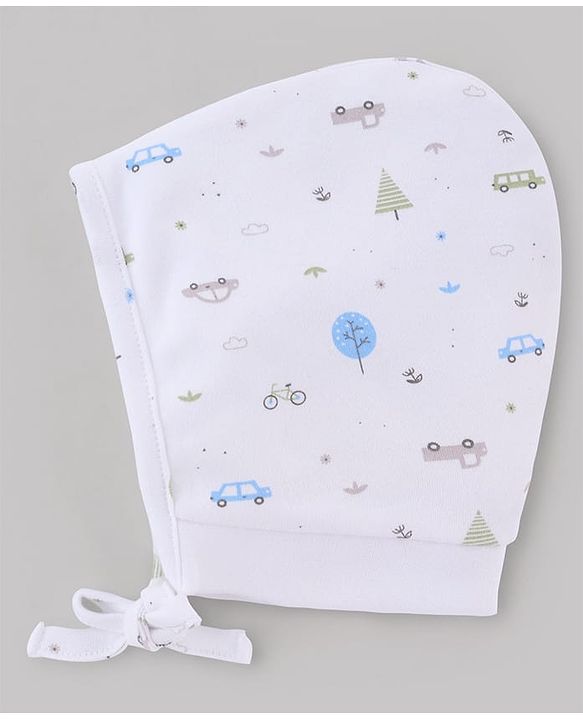 Babyhug 100% Cotton Interlock Knit Stripped Cap with Vehicle Print Sky Blue & White Pack of 2 - Diameter 10 cm