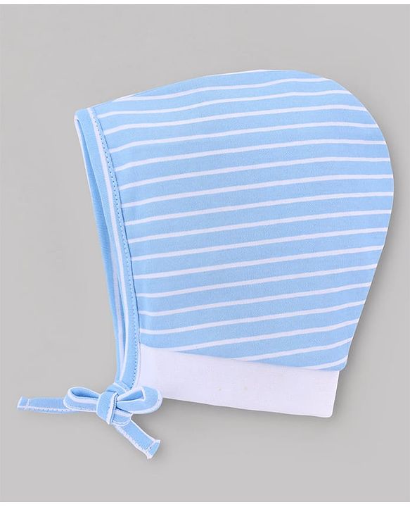Babyhug 100% Cotton Interlock Knit Stripped Cap with Vehicle Print Sky Blue & White Pack of 2 - Diameter 10 cm