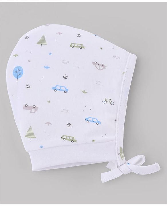 Babyhug 100% Cotton Interlock Knit Stripped Cap with Vehicle Print Sky Blue & White Pack of 2 - Diameter 10 cm