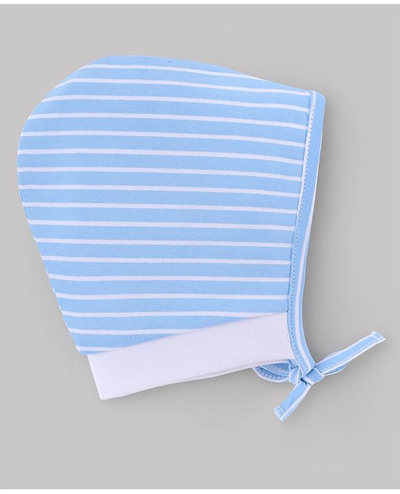 Babyhug 100% Cotton Interlock Knit Stripped Cap with Vehicle Print Sky Blue & White Pack of 2 - Diameter 10 cm