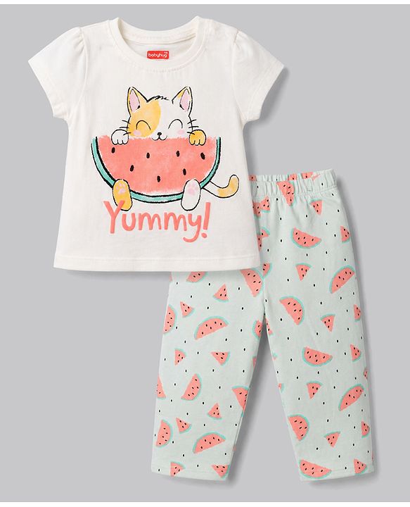 Babyhug 100% Cotton Knit Half Sleeves Kitty & Watermelon Printed T-Shirt & Pyjama Night Suit - White
