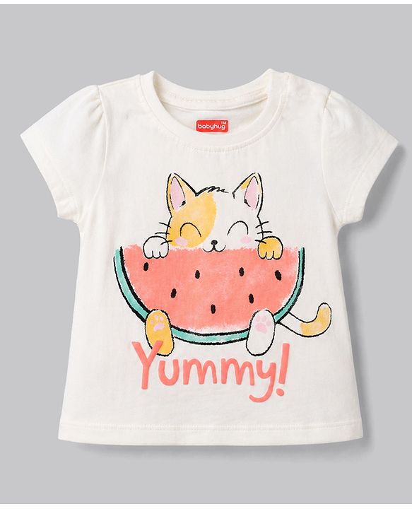 Babyhug 100% Cotton Knit Half Sleeves Kitty & Watermelon Printed T-Shirt & Pyjama Night Suit - White