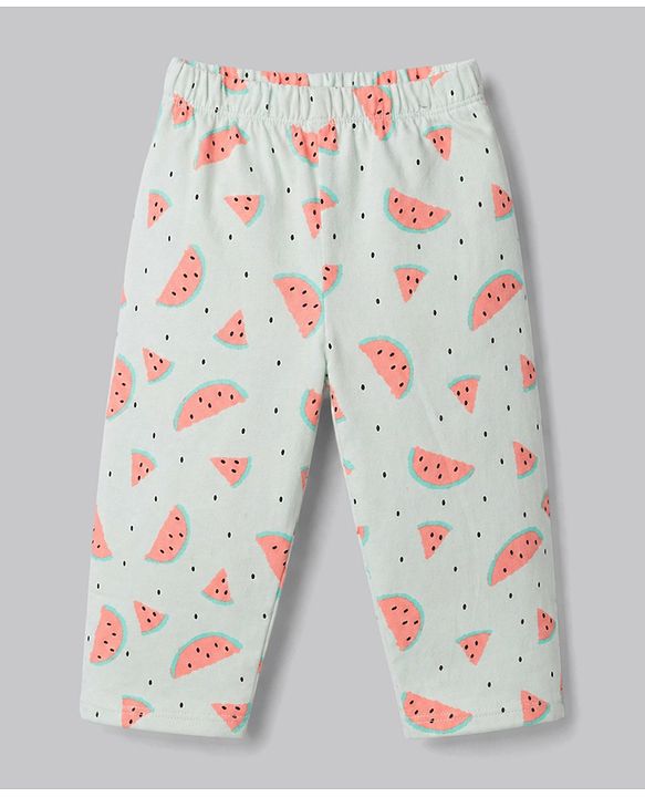 Babyhug 100% Cotton Knit Half Sleeves Kitty & Watermelon Printed T-Shirt & Pyjama Night Suit - White