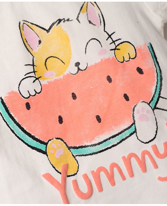 Babyhug 100% Cotton Knit Half Sleeves Kitty & Watermelon Printed T-Shirt & Pyjama Night Suit - White