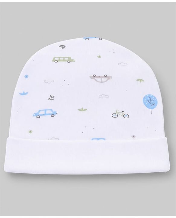 Babyhug 100% Cotton Interlock Knit Cap Mittens & Booties Set With Vehicle Print White - Diameter 14.5 cm