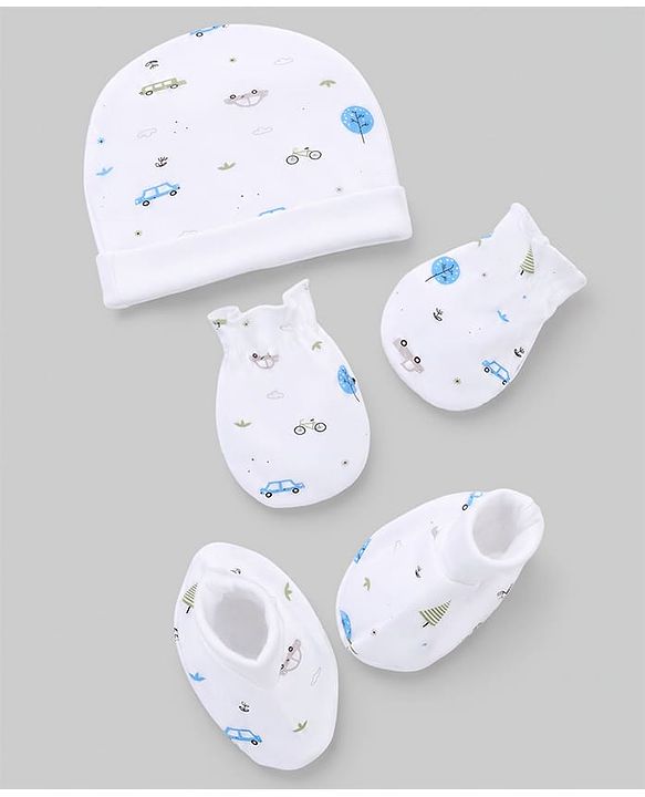 Babyhug 100% Cotton Interlock Knit Cap Mittens & Booties Set With Vehicle Print White - Diameter 14.5 cm
