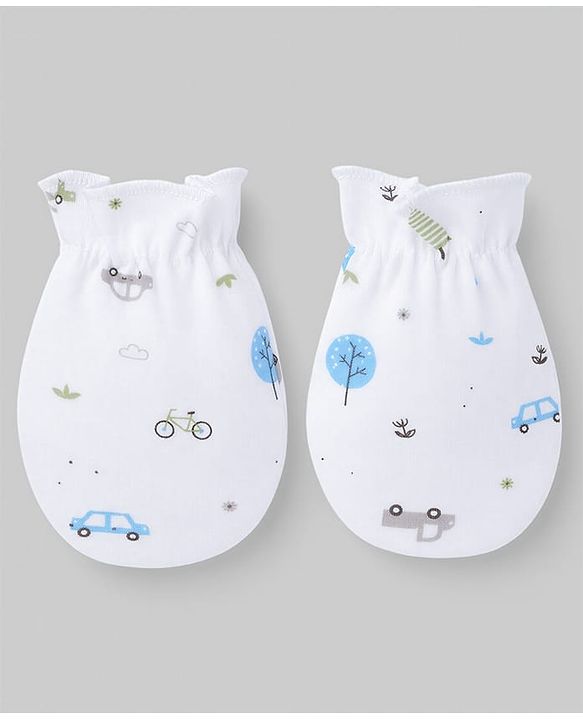 Babyhug 100% Cotton Interlock Knit Cap Mittens & Booties Set With Vehicle Print White - Diameter 14.5 cm