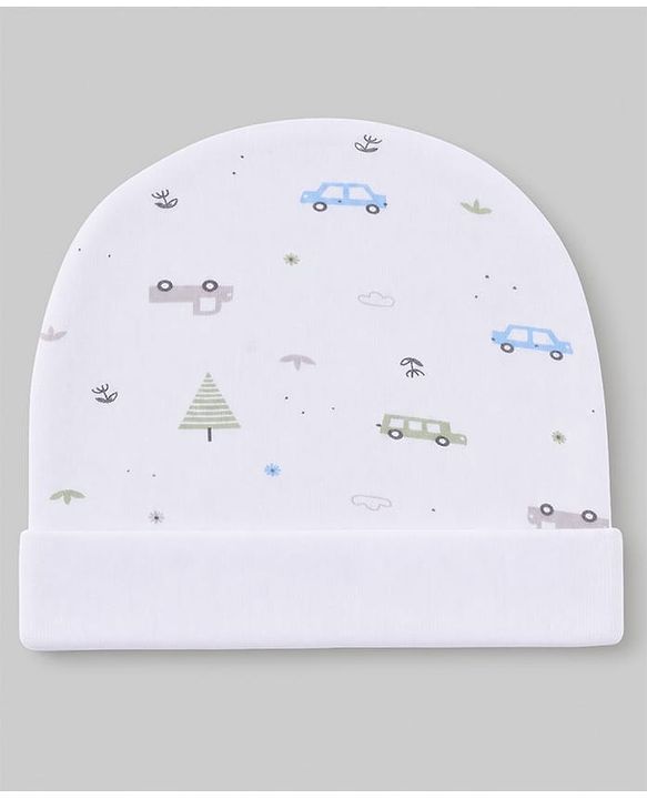 Babyhug 100% Cotton Interlock Knit Cap Mittens & Booties Set With Vehicle Print White - Diameter 14.5 cm