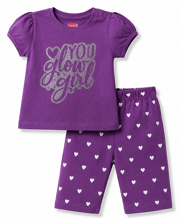 Babyhug Cotton Knit Half Sleeves Hearts Printed T-Shirt & Capri Pant Night Suit - Purple