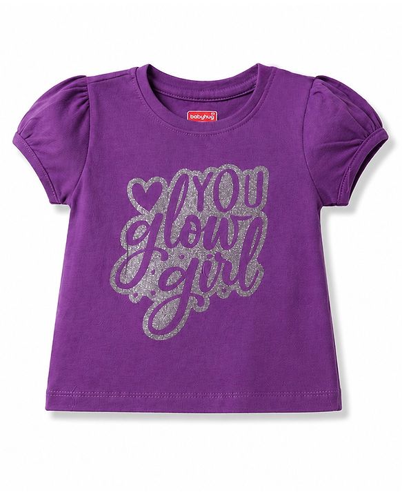 Babyhug Cotton Knit Half Sleeves Hearts Printed T-Shirt & Capri Pant Night Suit - Purple