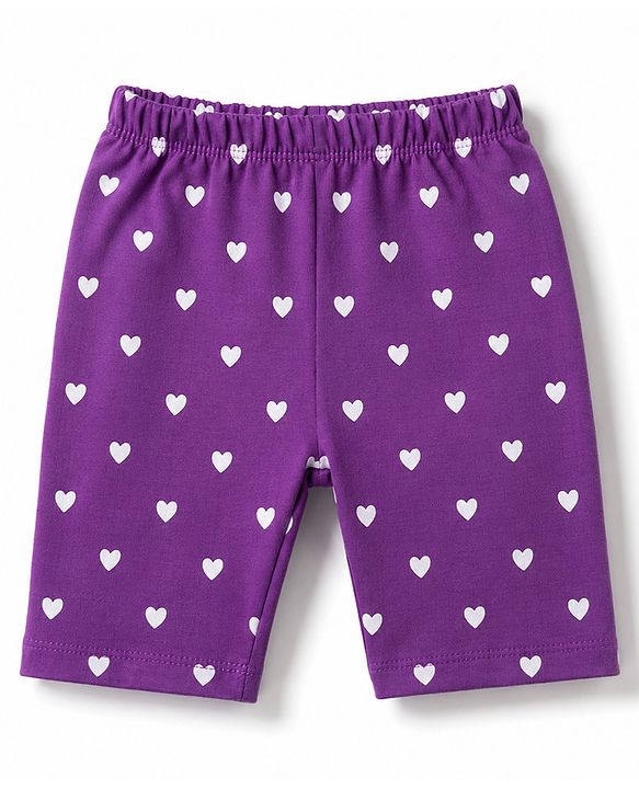 Babyhug Cotton Knit Half Sleeves Hearts Printed T-Shirt & Capri Pant Night Suit - Purple