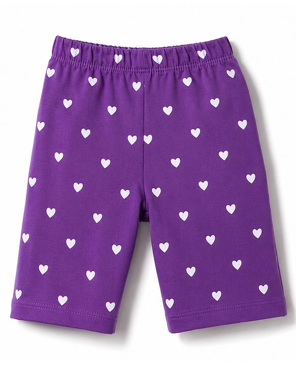 Babyhug Cotton Knit Half Sleeves Hearts Printed T-Shirt & Capri Pant Night Suit - Purple