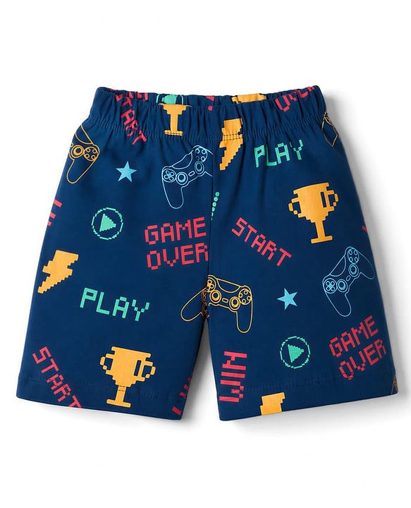 Babyhug Cotton Knit Half Sleeves T-Shirt & Shorts Night Suit With Game Print - Navy Blue