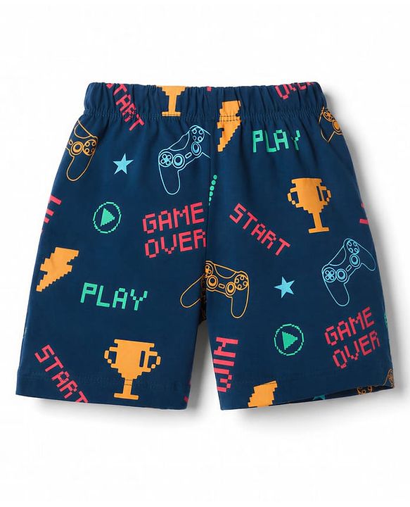 Babyhug Cotton Knit Half Sleeves T-Shirt & Shorts Night Suit With Game Print - Navy Blue