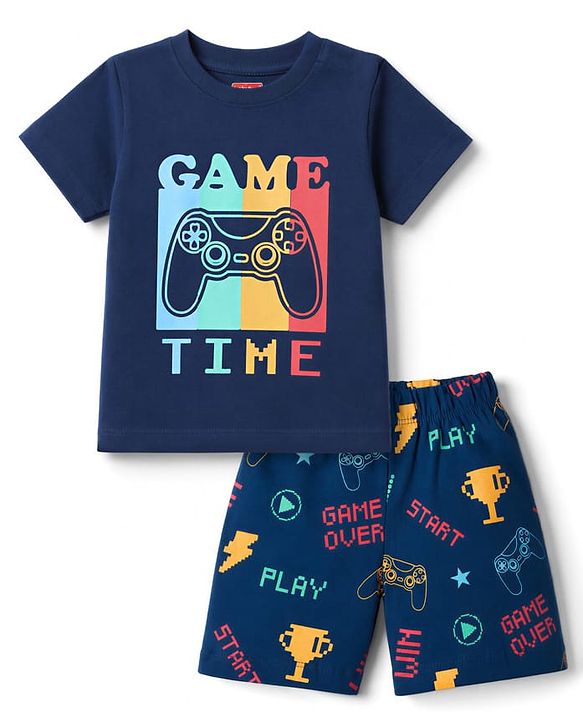 Babyhug Cotton Knit Half Sleeves T-Shirt & Shorts Night Suit With Game Print - Navy Blue