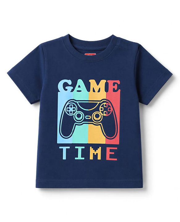 Babyhug Cotton Knit Half Sleeves T-Shirt & Shorts Night Suit With Game Print - Navy Blue