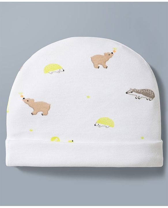 Babyhug 100% Cotton Interlock Knit Cap Mittens & Booties Set With Squirrel Print White - Diameter 14.5 Cm