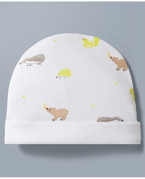 Babyhug 100% Cotton Interlock Knit Cap Mittens & Booties Set With Squirrel Print White - Diameter 14.5 Cm