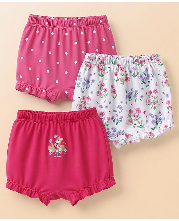Babyhug 100% Cotton Knit Polka Dots & Floral Printed Bloomers Pack of 3 - Dark Pink & White
