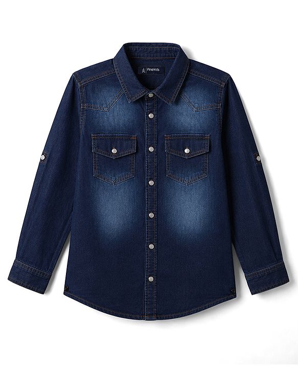Pine Kids Denim Woven Full Roll Up Sleeves Shirt - Blue