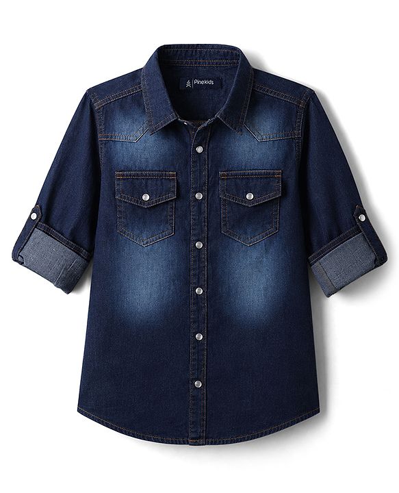 Pine Kids Denim Woven Full Roll Up Sleeves Shirt - Blue