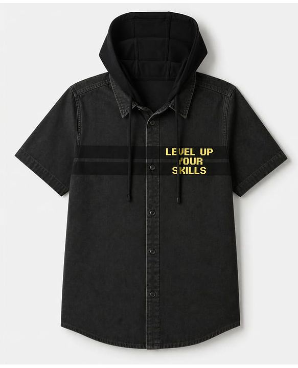 Pine Kids Cotton Woven Hooded Shirt with Half Sleeves and Level Up Your Skills Print - Black