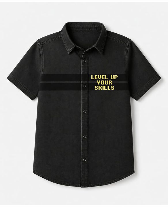 Pine Kids Cotton Woven Hooded Shirt with Half Sleeves and Level Up Your Skills Print - Black