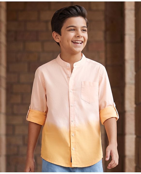 Pine Kids Cotton Woven Full Sleeves Solid Mandarin Collar Shirt with Ombre Effects-  Orange