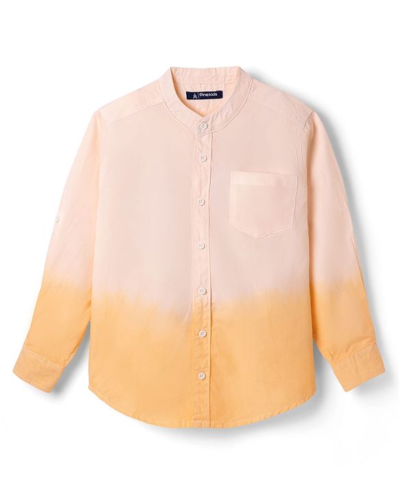 Pine Kids Cotton Woven Full Sleeves Solid Mandarin Collar Shirt with Ombre Effects-  Orange