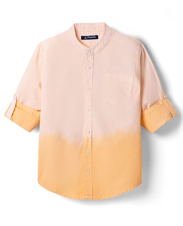 Pine Kids Cotton Woven Full Sleeves Solid Mandarin Collar Shirt with Ombre Effects-  Orange