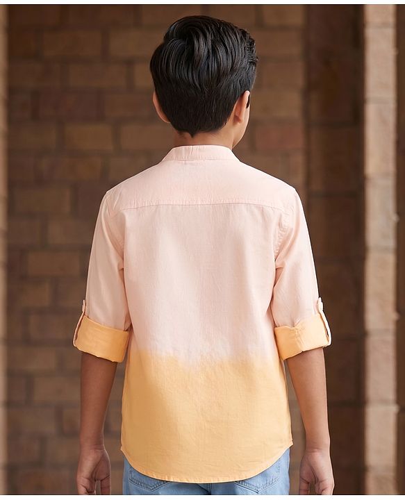 Pine Kids Cotton Woven Full Sleeves Solid Mandarin Collar Shirt with Ombre Effects-  Orange