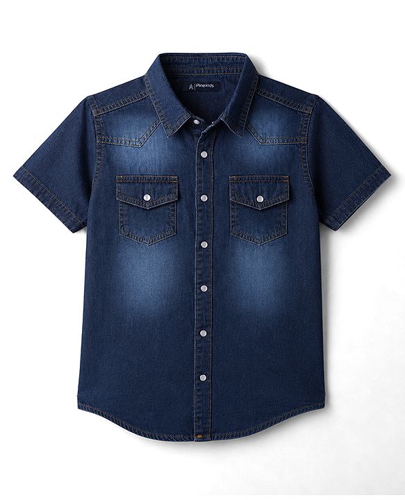Pine Kids Denim Woven Half  Sleeves Shirt - Blue