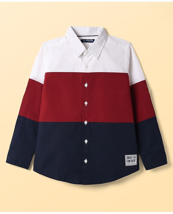 Pine Kids Cotton Woven Full Sleeves Colour Block Solid Colour Shirt - White Maroon & Navy