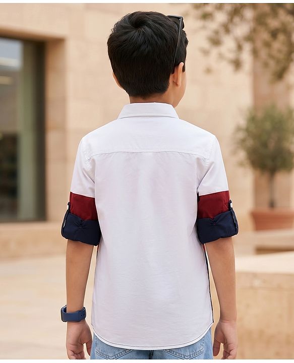 Pine Kids Cotton Woven Full Sleeves Colour Block Solid Colour Shirt - White Maroon & Navy