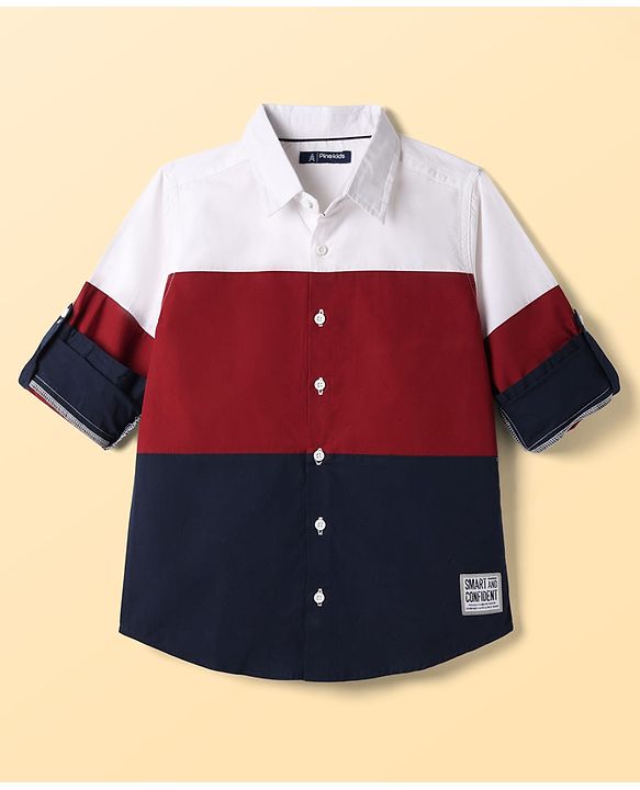 Pine Kids Cotton Woven Full Sleeves Colour Block Solid Colour Shirt - White Maroon & Navy