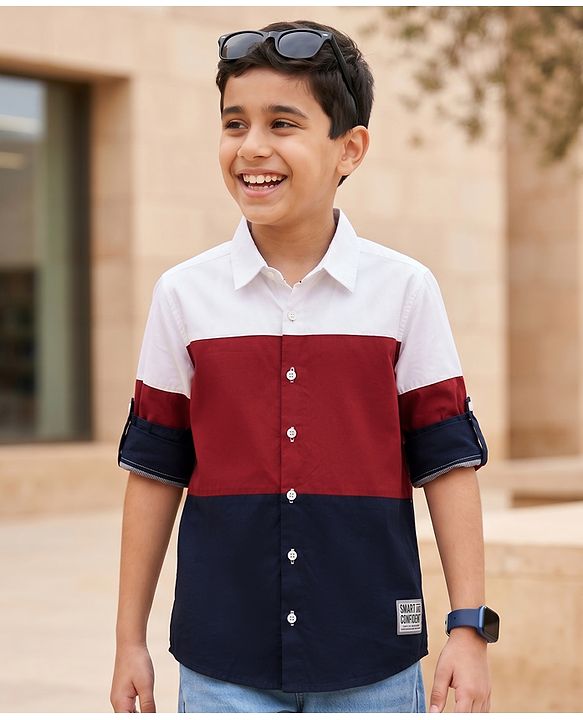 Pine Kids Cotton Woven Full Sleeves Colour Block Solid Colour Shirt - White Maroon & Navy
